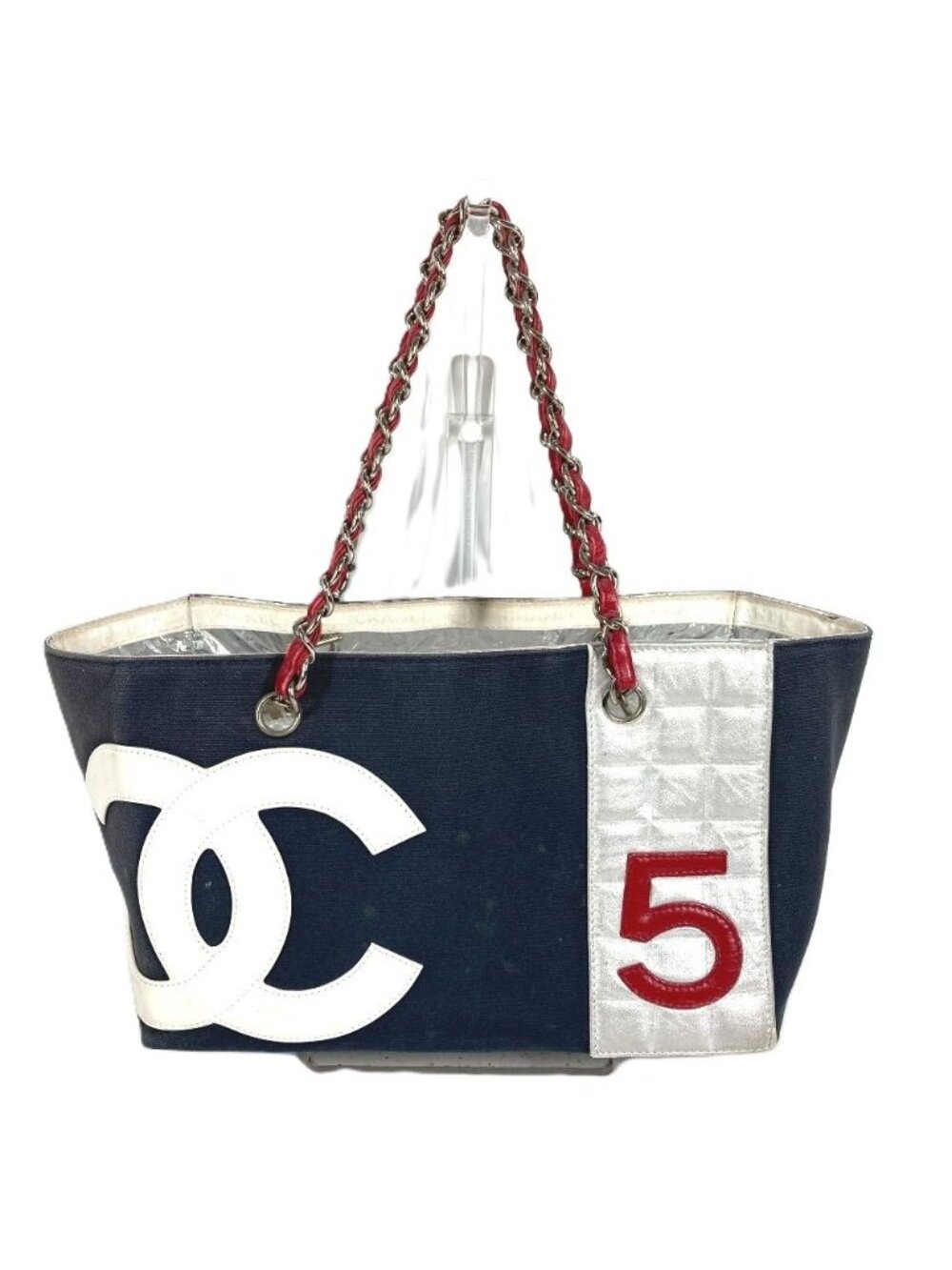 Chanel Shoulder Bag Logo CC Leather Canvas Navy